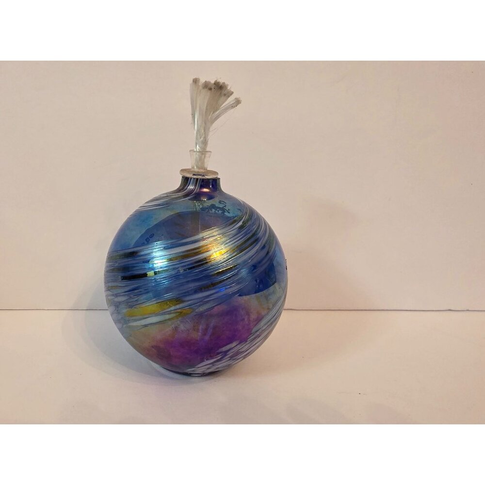 Handblown Glass Oil Lamp With Swirled Iridescent Blue & Purple Design